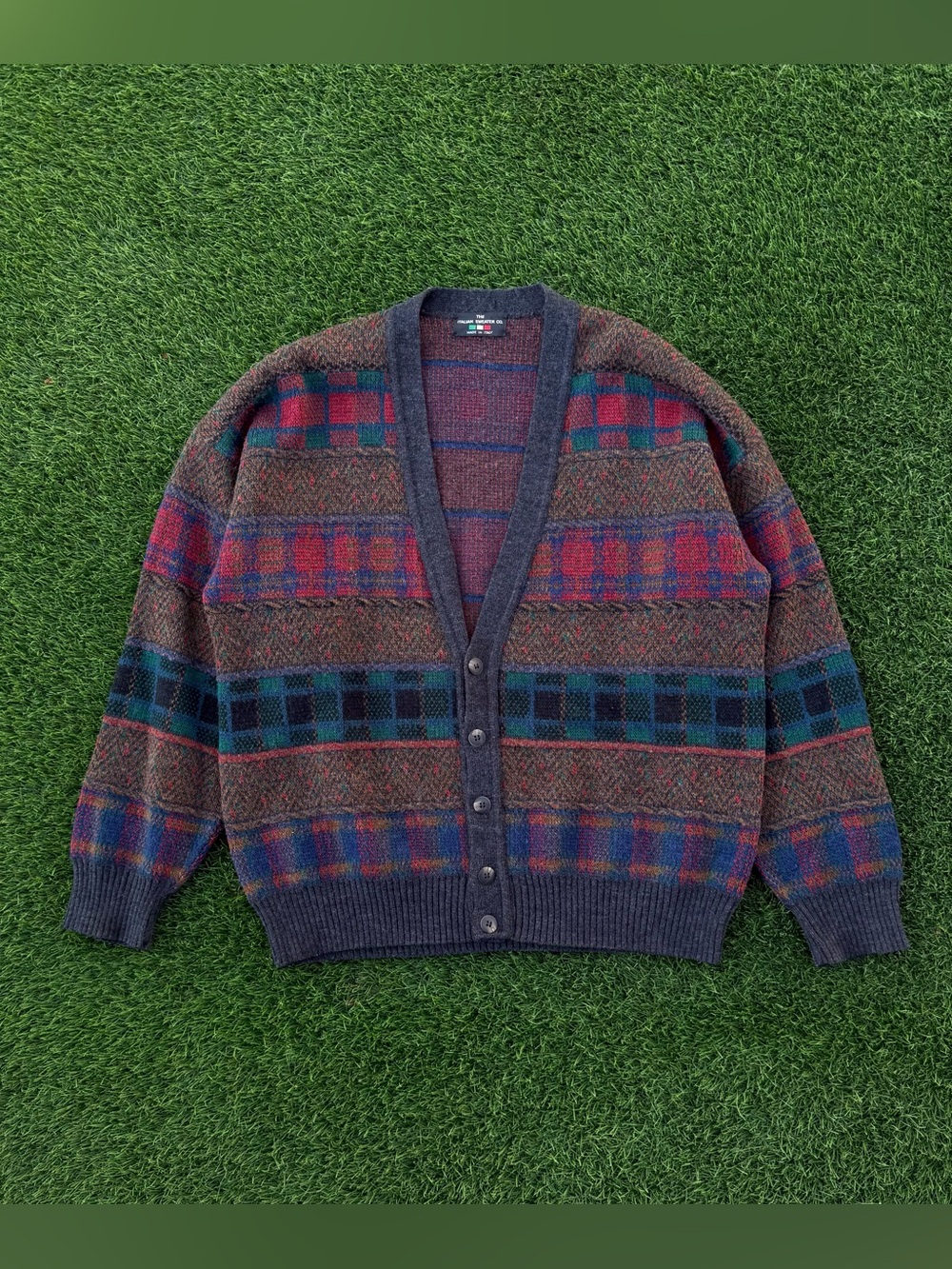Vintage 90s Italian Sweater Co. Cardigan Sweater Plaid Stripes Italy Size Large